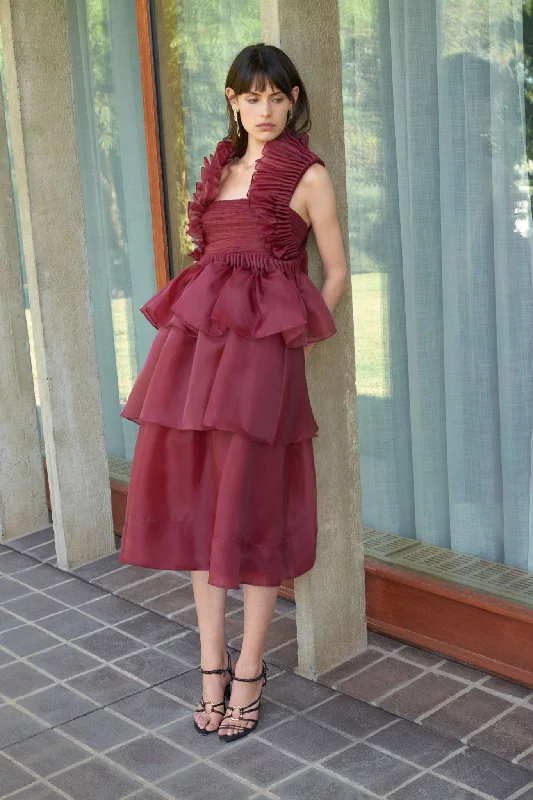 Midi dresses with V - necklines for a flattering and elongating effectAsra Pleated Frill Midi Dress Midi dresses with V - necklines for a flattering and elongating effectAsra Pleated Frill Midi Dress
