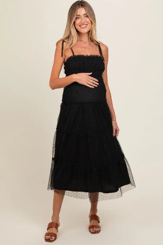 Midi dresses with keyhole backs for a flirty and unexpected detailBlack Smocked Polka Dot Mesh Shoulder Tie Maternity Midi Dress Midi dresses with keyhole backs for a flirty and unexpected detailBlack Smocked Polka Dot Mesh Shoulder Tie Maternity Midi Dress
