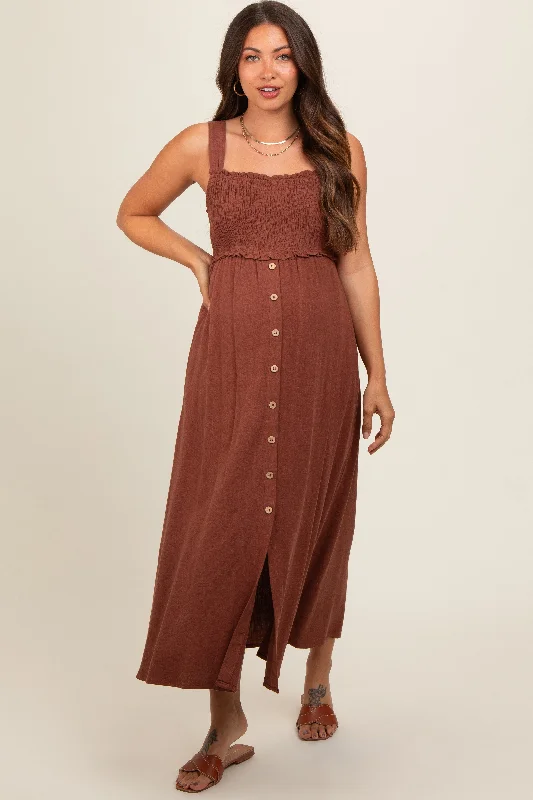 Midi dresses with button - front designs for a classic touchBrown Button Down Smocked Maternity Dress Midi dresses with button - front designs for a classic touchBrown Button Down Smocked Maternity Dress