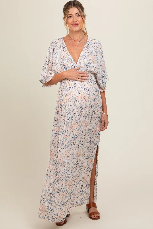 Midi dresses with pom - pom trims for a playful and festive lookCream V-Neck Smocked Waist Short Sleeve Maternity Maxi Dress