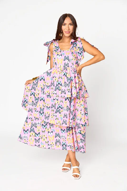 Midi dresses with asymmetric hems for a fashion - forward and dynamic appearanceDrew Tiered Midi Dress - Feelin' Butterflies Midi dresses with asymmetric hems for a fashion - forward and dynamic appearanceDrew Tiered Midi Dress - Feelin' Butterflies