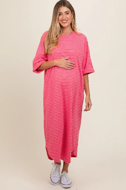 Midi dresses with sheer panels for a touch of allureFuchsia Striped Terry Maternity Maxi Dress Midi dresses with sheer panels for a touch of allureFuchsia Striped Terry Maternity Maxi Dress