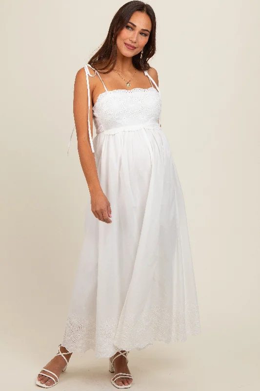 Midi dresses with pleated bodices for a classic and tailored lookIvory Eyelet Floral Shoulder Tie Maternity Dress Midi dresses with pleated bodices for a classic and tailored lookIvory Eyelet Floral Shoulder Tie Maternity Dress