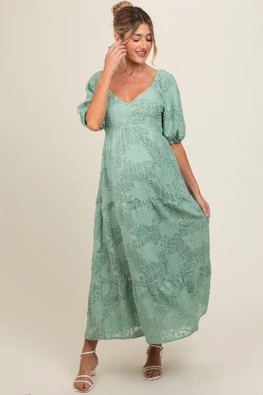 Midi dresses with satin - finish fabrics for a luxurious feelLight Olive Embroidered Leaf Print Striped Maternity Maxi Dress Midi dresses with satin - finish fabrics for a luxurious feelLight Olive Embroidered Leaf Print Striped Maternity Maxi Dress