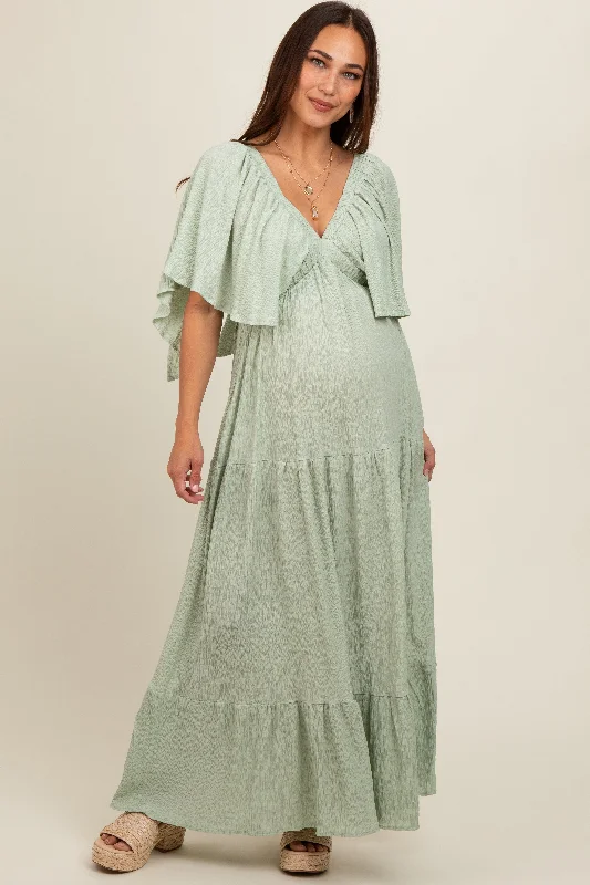 Maxi - inspired midi dresses with flowing fabrics for a beachy vibeLight Olive Flounce Sleeve Tiered Maternity Dress Maxi - inspired midi dresses with flowing fabrics for a beachy vibeLight Olive Flounce Sleeve Tiered Maternity Dress