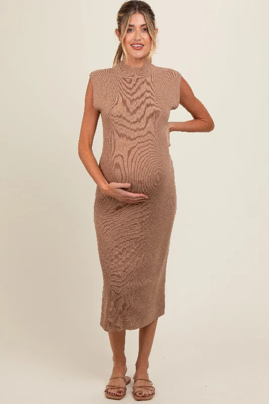 Midi dresses with bow accents for a sweet and charming lookMocha Knit Mock Neck Maternity Midi Dress