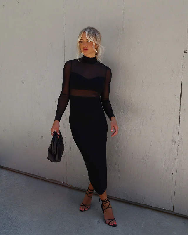 Midi dresses with pleated skirts for a timeless and elegant appealMonroe Sheer Mock Neck Midi Dress Midi dresses with pleated skirts for a timeless and elegant appealMonroe Sheer Mock Neck Midi Dress