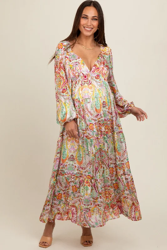 Midi dresses with metallic threads for a glamorous evening eventMulti-Color Floral Metallic Striped Tiered Long Puff Sleeve Maternity Maxi Dress Midi dresses with metallic threads for a glamorous evening eventMulti-Color Floral Metallic Striped Tiered Long Puff Sleeve Maternity Maxi Dress