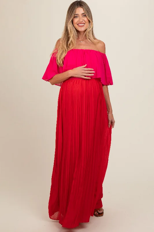 Midi dresses with cold - shoulder cutouts for a trendy styleRed Pleated Off Shoulder Colorblock Maternity Maxi Dress Midi dresses with cold - shoulder cutouts for a trendy styleRed Pleated Off Shoulder Colorblock Maternity Maxi Dress
