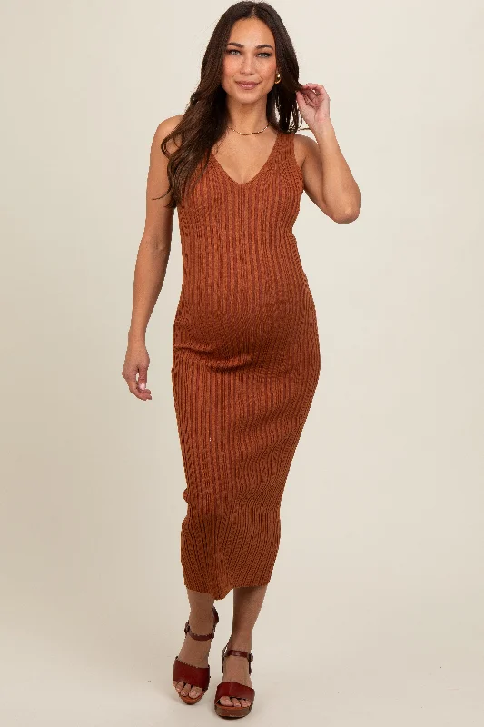 Midi dresses with sheer panels for a touch of allureRust V Neck Sleeveless Knit Maternity Midi Dress Midi dresses with sheer panels for a touch of allureRust V Neck Sleeveless Knit Maternity Midi Dress