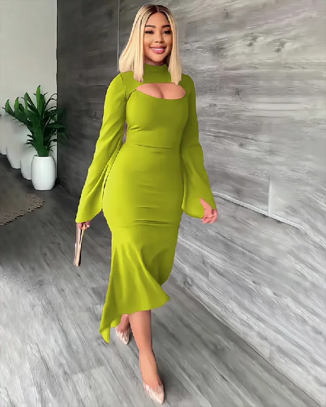 Midi dresses with gathered skirts for a full and flowing silhouetteSlim Slit Hollow Ruffle Dress Midi dresses with gathered skirts for a full and flowing silhouetteSlim Slit Hollow Ruffle Dress