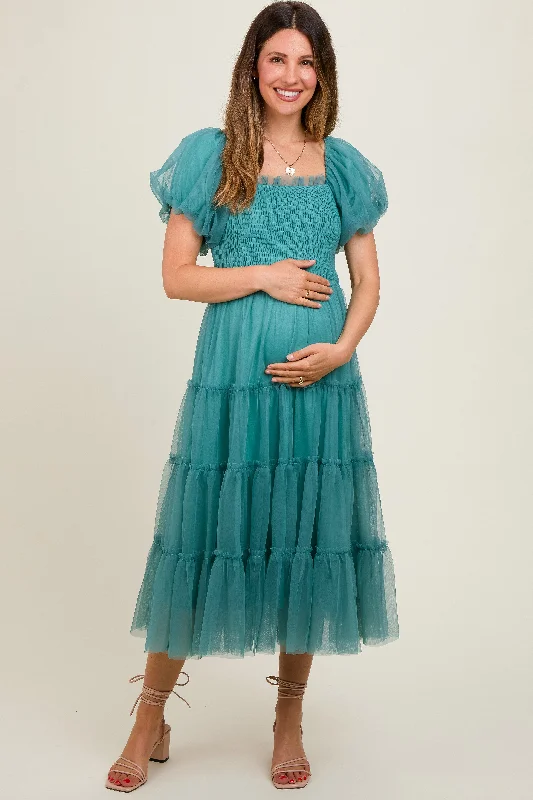 Midi dresses with sheer panels for a touch of allureTeal Smocked Tiered Tulle Maternity Midi Dress Midi dresses with sheer panels for a touch of allureTeal Smocked Tiered Tulle Maternity Midi Dress
