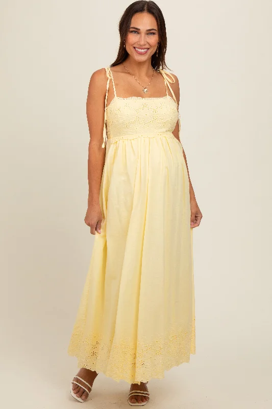 Midi dresses with fringe details for a fun and energetic styleYellow Eyelet Floral Shoulder Tie Maternity Dress Midi dresses with fringe details for a fun and energetic styleYellow Eyelet Floral Shoulder Tie Maternity Dress