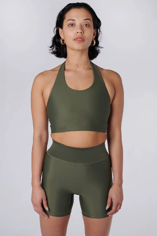 quick drying women sport bra for convenienceIris Halter Crop Top | Recycled Nylon | Olive