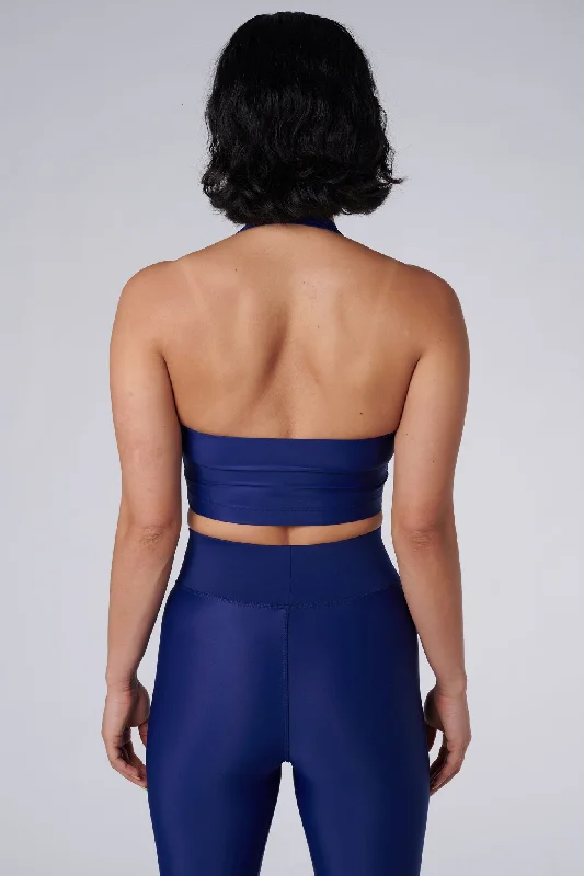 white women sport bra for a clean lookIris Halter Crop Top | Recycled Nylon | Royal