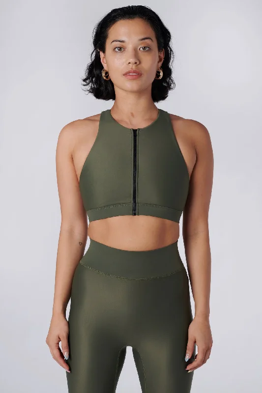 low impact women sport bra for yogaLiv Front Zip Sports Bra | Recycled Nylon | Olive low impact women sport bra for yogaLiv Front Zip Sports Bra | Recycled Nylon | Olive