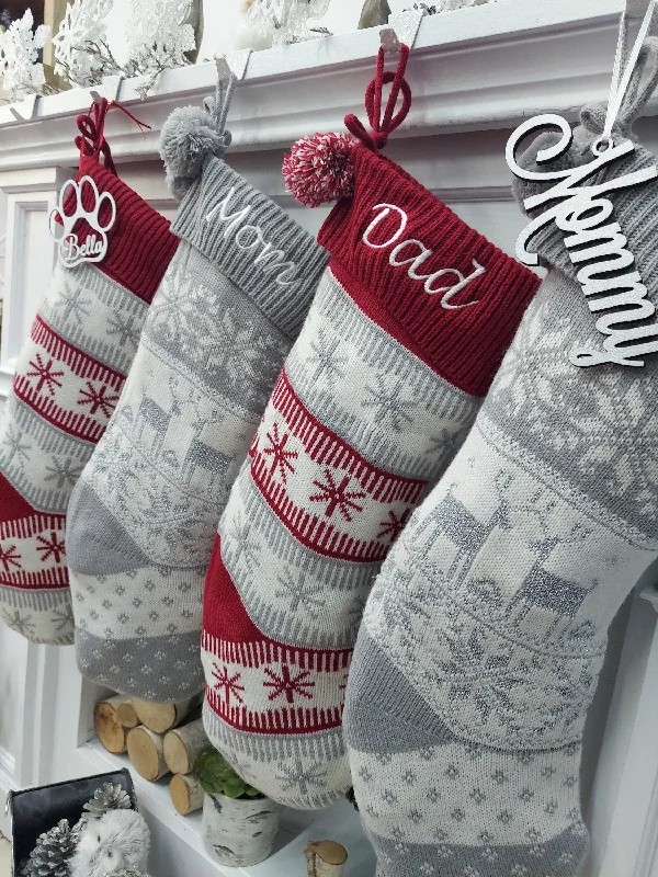 20" Grey/White Knit Christmas Stocking with Deer/Snowflake Design, Pom Pom, Embroidered or Engraved Name Tag - Holiday Xmas Gift Bag Decor