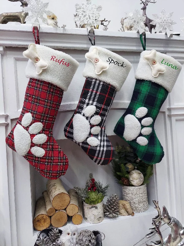 Buffalo Plaid Paw Dog Puppy Stockings Personalized with Pet's Name