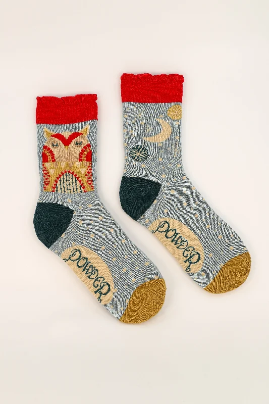 Powder Ladies Bamboo Cotton Knit Socks - Owl by Moonlight - Ice