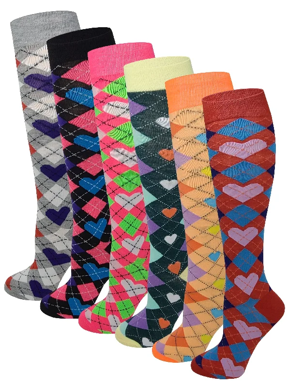 Women 6 pairs Hearts Argyle design Knee High Socks