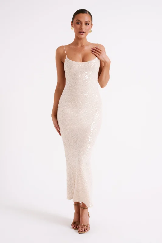 Maxi dresses with mesh panels for a sexy and trendy appearanceBrianna Sequin Maxi Dress - Cream