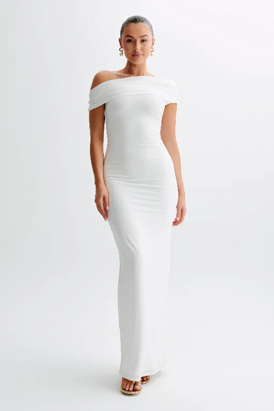 Maxi dresses with one - shoulder designs for a stylish and asymmetric lookCassandra Off Shoulder Slinky Maxi Dress - White Maxi dresses with one - shoulder designs for a stylish and asymmetric lookCassandra Off Shoulder Slinky Maxi Dress - White