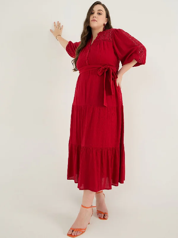 Maxi dresses with a ruffled neckline for a charming lookCranberry Schiffli Tiered Maxi Dress Maxi dresses with a ruffled neckline for a charming lookCranberry Schiffli Tiered Maxi Dress