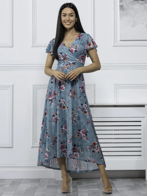 Maxi dresses with a ruffled neckline for a charming lookJolie Moi Eliza Dip Hem Mesh Maxi Dress, Green Floral Maxi dresses with a ruffled neckline for a charming lookJolie Moi Eliza Dip Hem Mesh Maxi Dress, Green Floral