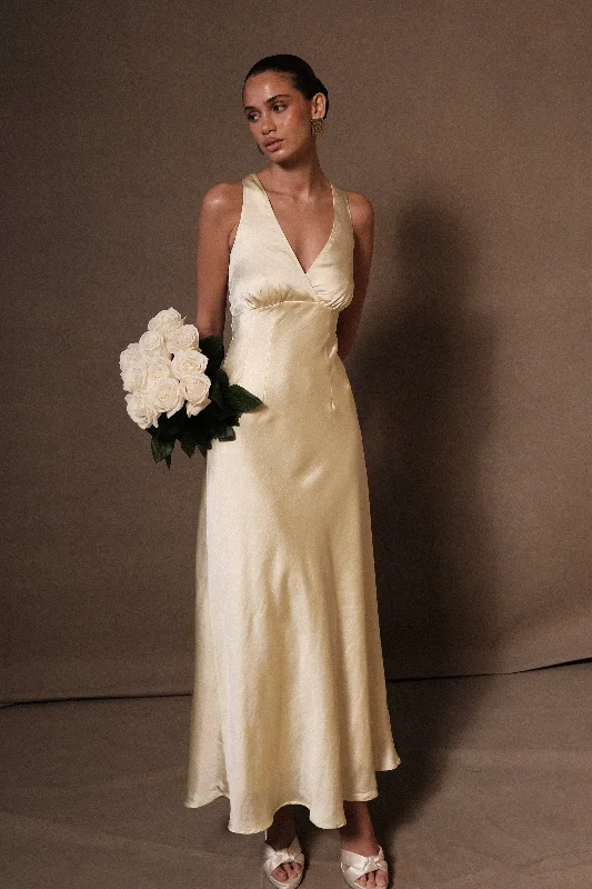 Maxi dresses with fringe trim for a bohemian vibeMeghan Satin Maxi Dress - Lemon Sorbet Maxi dresses with fringe trim for a bohemian vibeMeghan Satin Maxi Dress - Lemon Sorbet