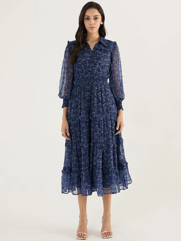 Sequined maxi dresses for formal evening galasNavy Floral Print Tiered Maxi Dress