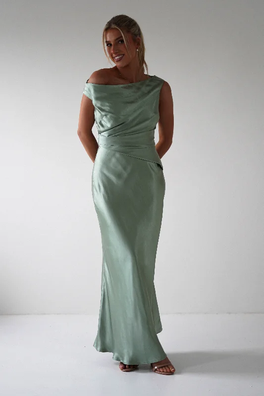 Maxi dresses with pom - pom trims for a playful and festive lookNela Soft Off The Shoulder Maxi Dress | Sage Maxi dresses with pom - pom trims for a playful and festive lookNela Soft Off The Shoulder Maxi Dress | Sage