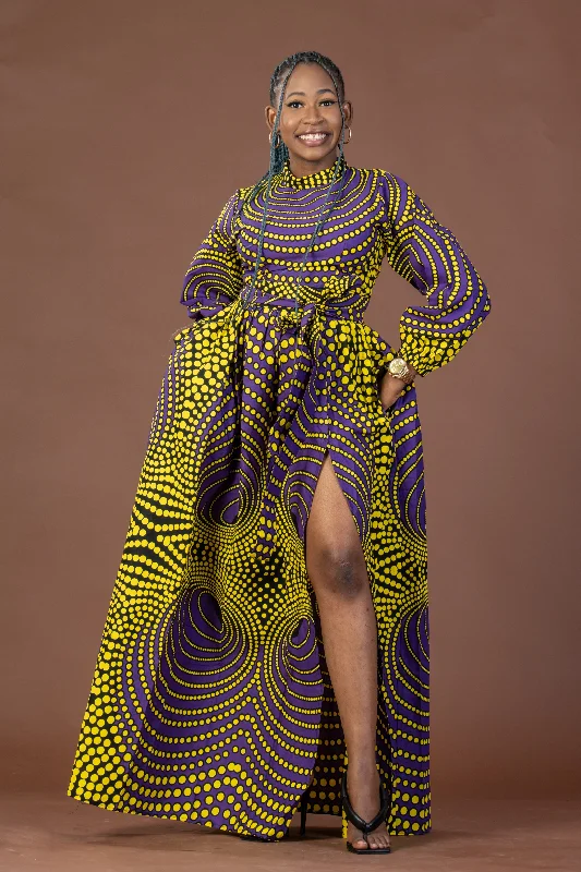 Satin maxi dresses with a high - low hem for a modern twistRemy Ankara Maxi Dress | Yellow and Purple African Print Satin maxi dresses with a high - low hem for a modern twistRemy Ankara Maxi Dress | Yellow and Purple African Print