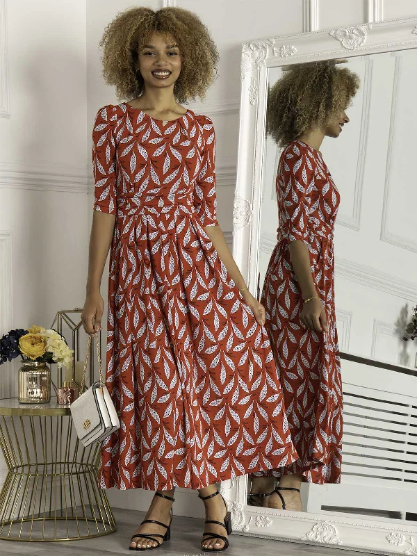 Maxi dresses with a cinched waist for a defined silhouetteSienna 3/4 Sleeve Maxi Dress, Red Leafy Maxi dresses with a cinched waist for a defined silhouetteSienna 3/4 Sleeve Maxi Dress, Red Leafy