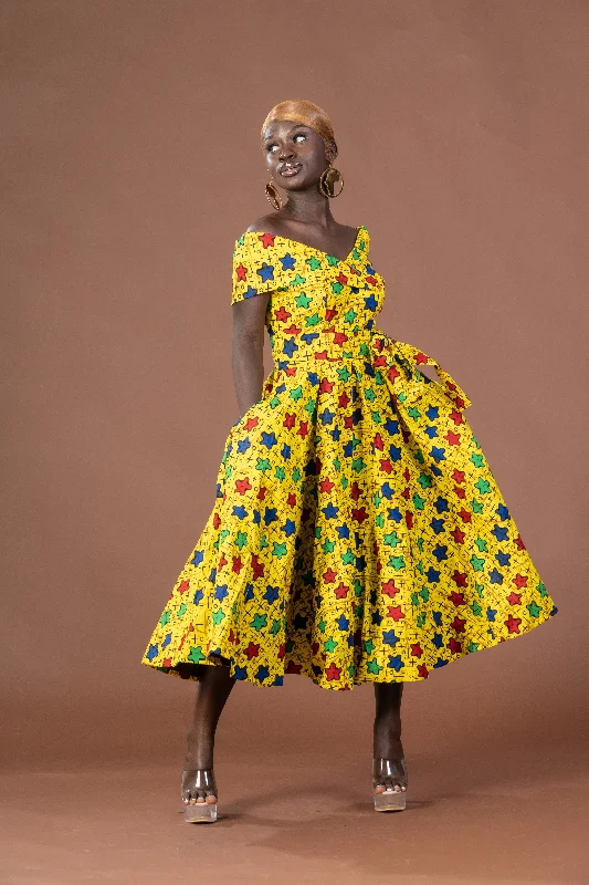Linen maxi dresses for a breathable and lightweight summer optionTaraji Ankara Off shoulder Midi Dress | Yellow Stars African Print Linen maxi dresses for a breathable and lightweight summer optionTaraji Ankara Off shoulder Midi Dress | Yellow Stars African Print