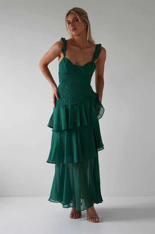 Velvet maxi dresses with long sleeves for winter weddingsVictoria Ruffle Midaxi Dress | Green Velvet maxi dresses with long sleeves for winter weddingsVictoria Ruffle Midaxi Dress | Green