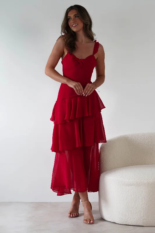 Maxi dresses with thin spaghetti straps for a delicate and feminine feelVictoria Ruffle Midaxi Dress | Red Maxi dresses with thin spaghetti straps for a delicate and feminine feelVictoria Ruffle Midaxi Dress | Red