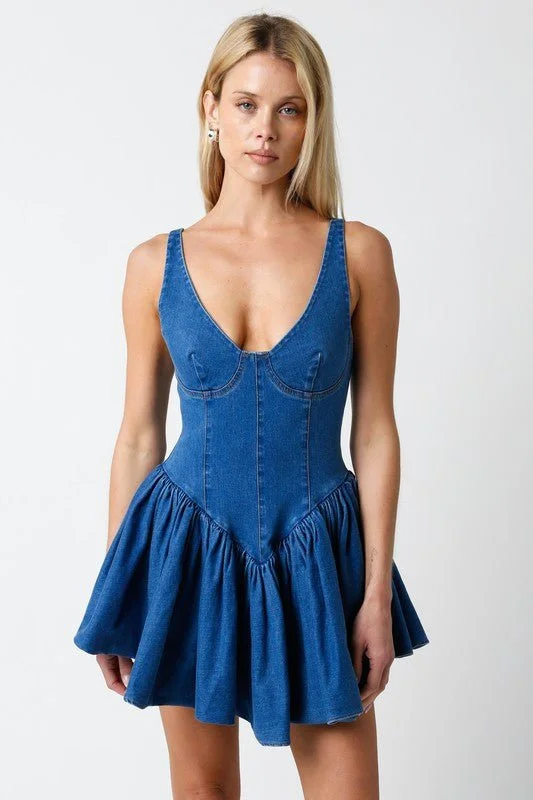 Denim mini dresses with distressed detailsDallas Denim Ballet Mini Dress