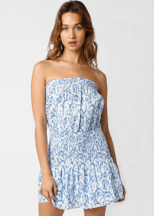 Mini dresses with cold - shoulder designsDelaney White and Blue Floral Strapless Mini Dress Mini dresses with cold - shoulder designsDelaney White and Blue Floral Strapless Mini Dress