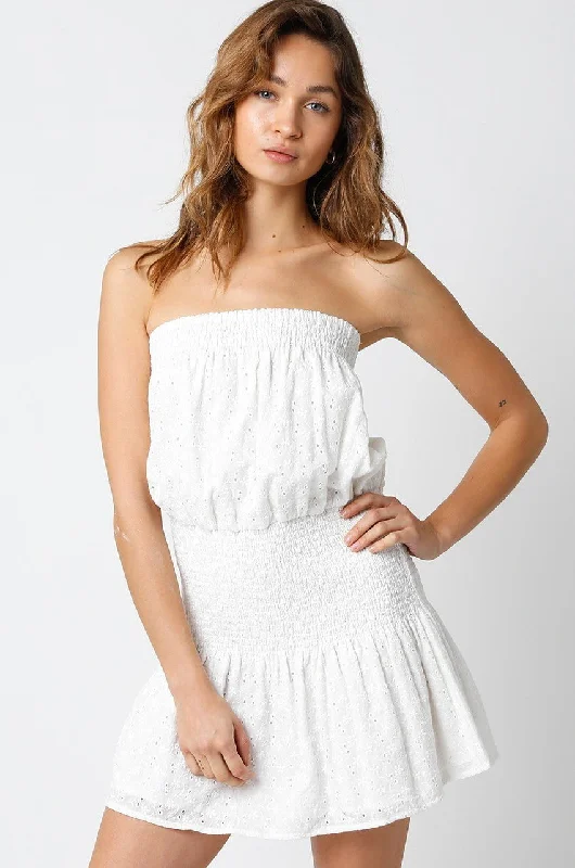 Sheer mini dresses with lace insertsDelaney White Eyelet Strapless Mini Dress
