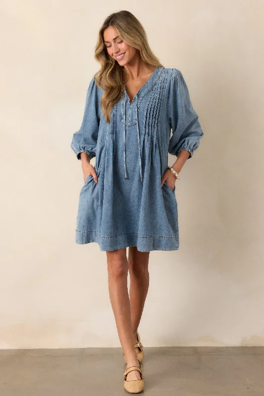 Mini dresses with pleated skirts for a classic lookEndless Possibilities Light Wash Denim Mini Dress Mini dresses with pleated skirts for a classic lookEndless Possibilities Light Wash Denim Mini Dress