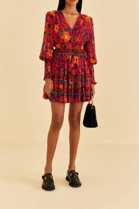 Mini dresses with off - the - shoulder stylesPink Tropical Tapestry Mini Dress