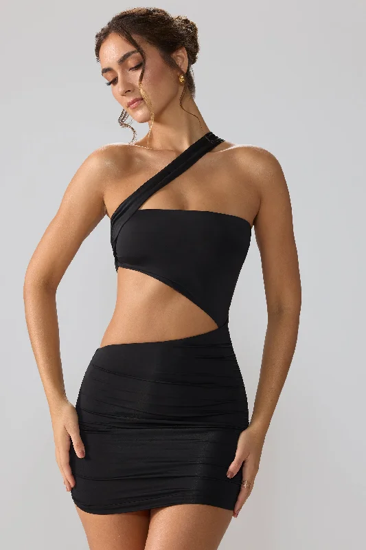 Denim mini dresses with distressed detailsSlinky Jersey Ruched Cut Out Mini Dress in Black Denim mini dresses with distressed detailsSlinky Jersey Ruched Cut Out Mini Dress in Black