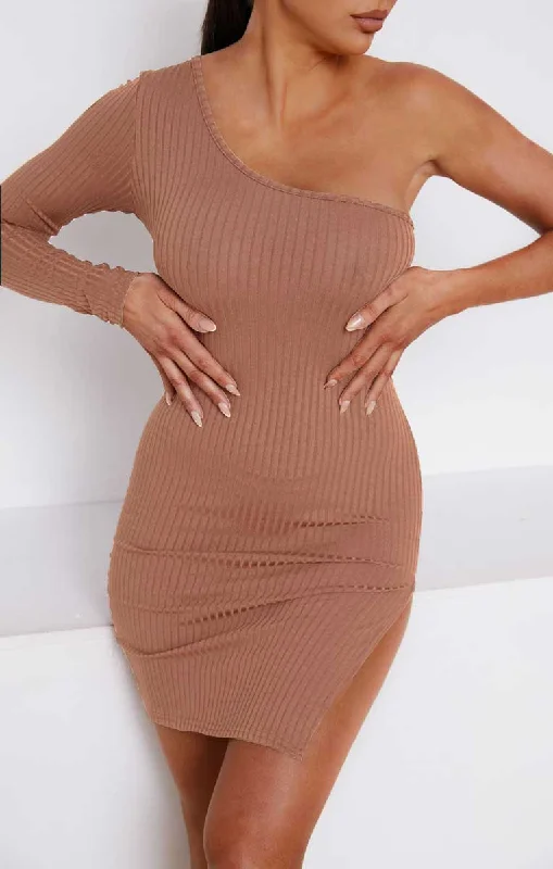 Mini dresses with cut - out details for a trendy lookTaupe Ribbed One Shoulder Long Sleeve Side Split Bodycon Mini Dress - Maren