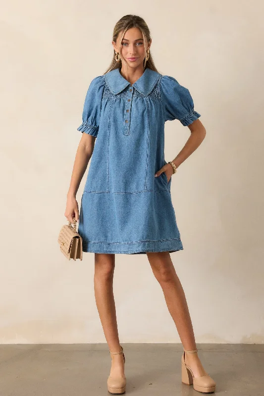 Mini dresses with asymmetric hems for a fashion - forward lookThe Tide Calls 100% Cotton Medium Wash Denim Mini Dress Mini dresses with asymmetric hems for a fashion - forward lookThe Tide Calls 100% Cotton Medium Wash Denim Mini Dress