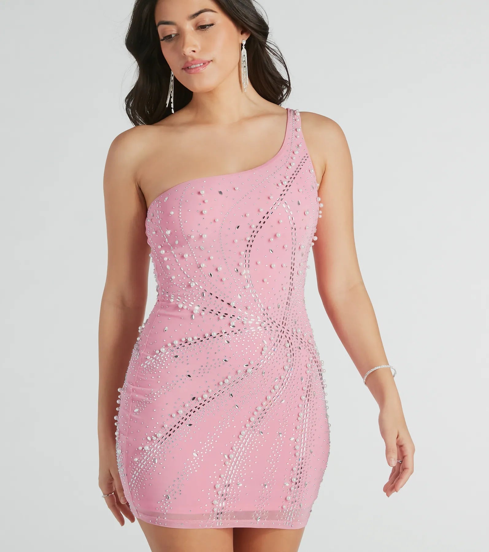 Polyester mini dresses for easy careUndeniable Glow One-Shoulder Faux Pearl Mini Dress Polyester mini dresses for easy careUndeniable Glow One-Shoulder Faux Pearl Mini Dress