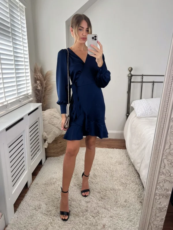 Mini dresses with fringe for a bohemian styleBobbi Wrap Satin Mini Dress / Navy
