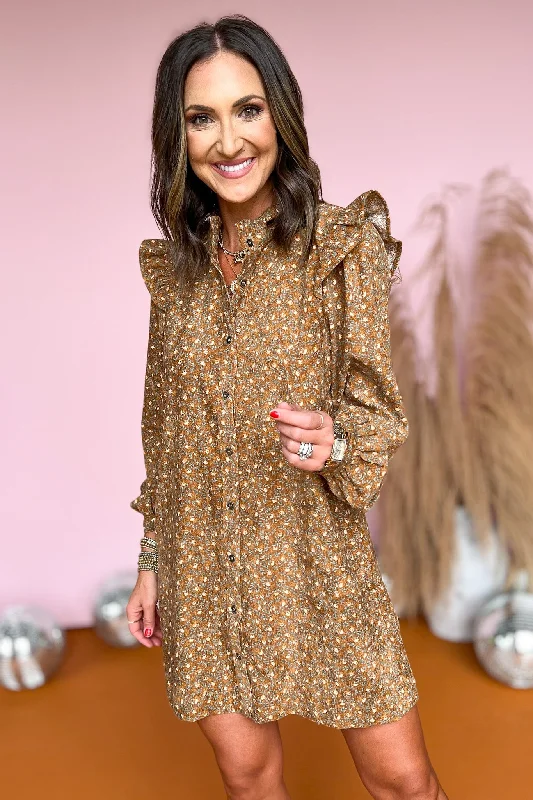 Mini dresses with tassel accents for a fun touchBrown Print Frilled Neck Ruffle Shoulder Detail Button Up Dress Mini dresses with tassel accents for a fun touchBrown Print Frilled Neck Ruffle Shoulder Detail Button Up Dress