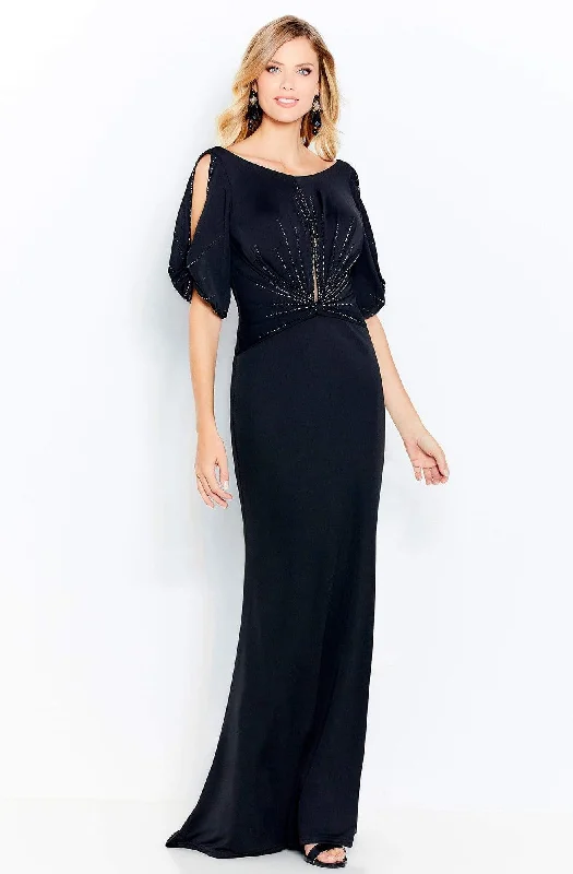 Wedding guest dresses with keyhole backs and flowing fabricsCameron Blake - 120609 Bateau Sheath Evening Gown