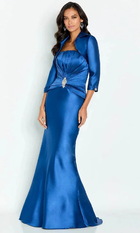 Wedding guest dresses with keyhole backs and flowing fabricsCameron Blake CB134 - Pleated Strapless Prom Gown With Jacket Wedding guest dresses with keyhole backs and flowing fabricsCameron Blake CB134 - Pleated Strapless Prom Gown With Jacket