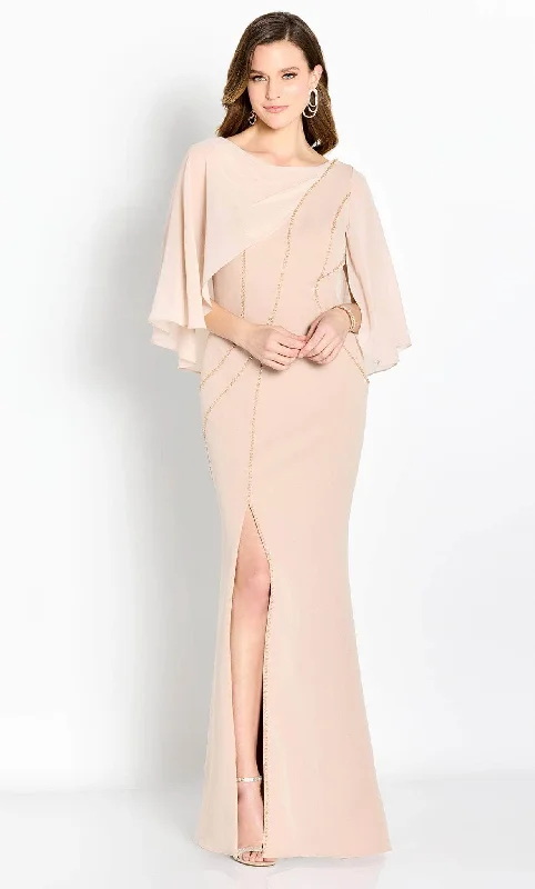 Sheer wedding guest dresses with lace inserts and long sleevesCameron Blake CB764 - Cape Sleeve Mother of the Groom Gown